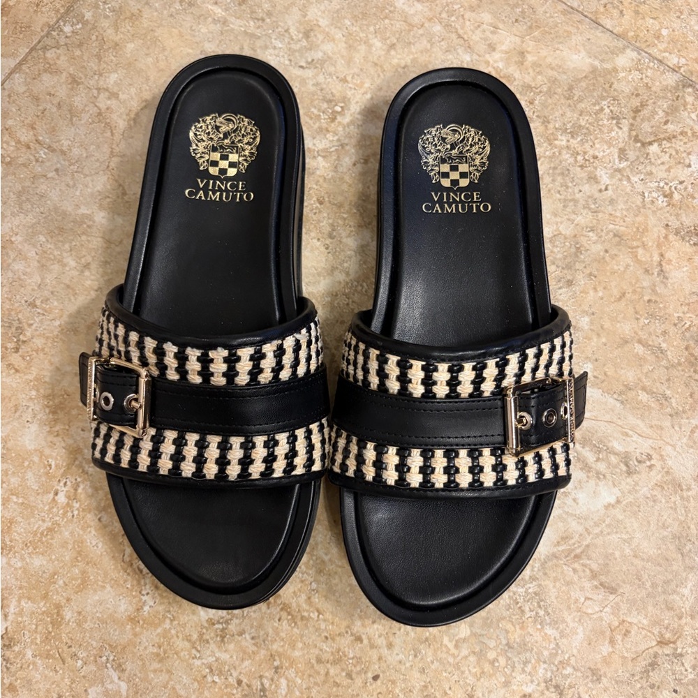 Vince Camuto Black and Cream Woven Slide Sandals